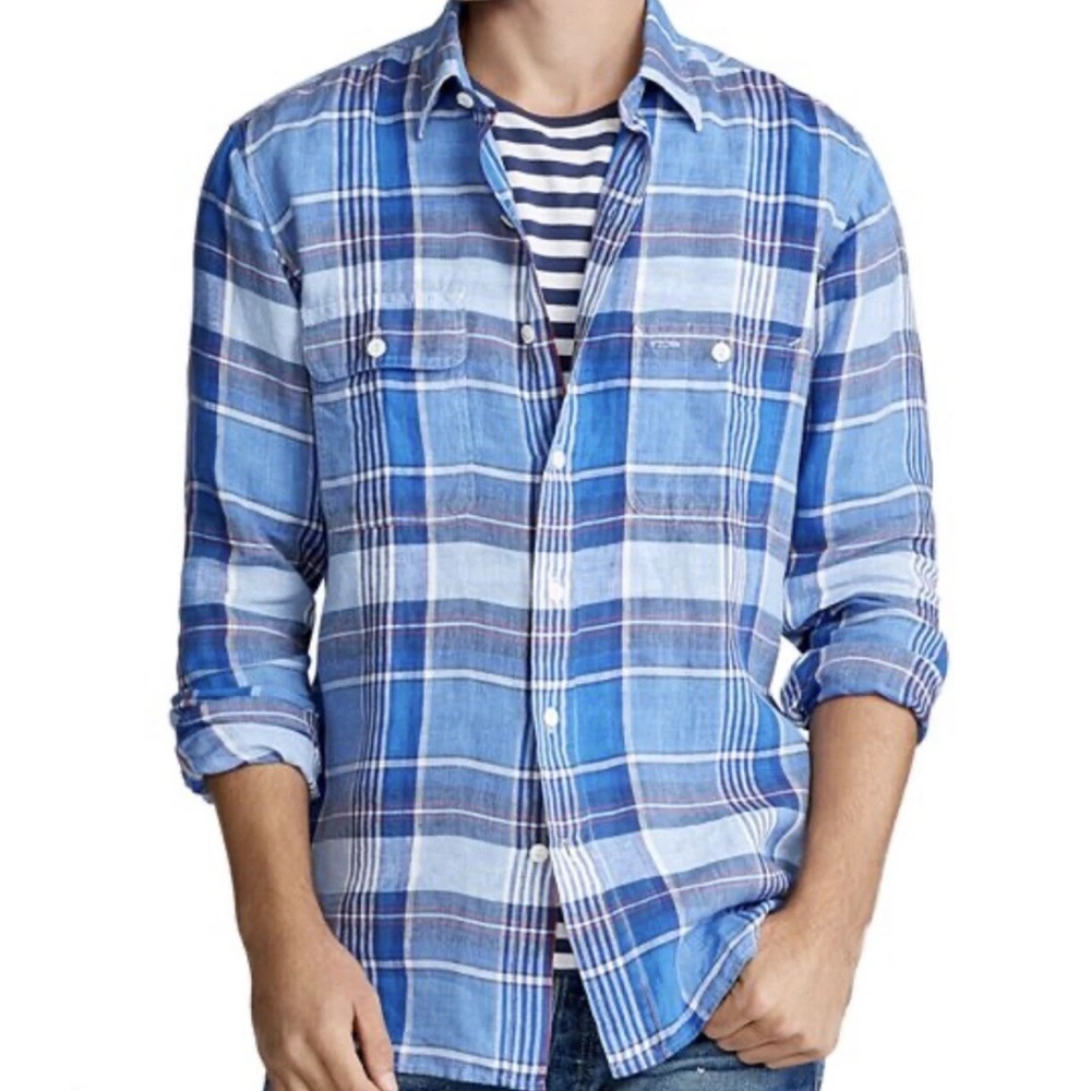 💙Polo Ralph Lauren Blue Plaid 100% Linen Shirt Size M
